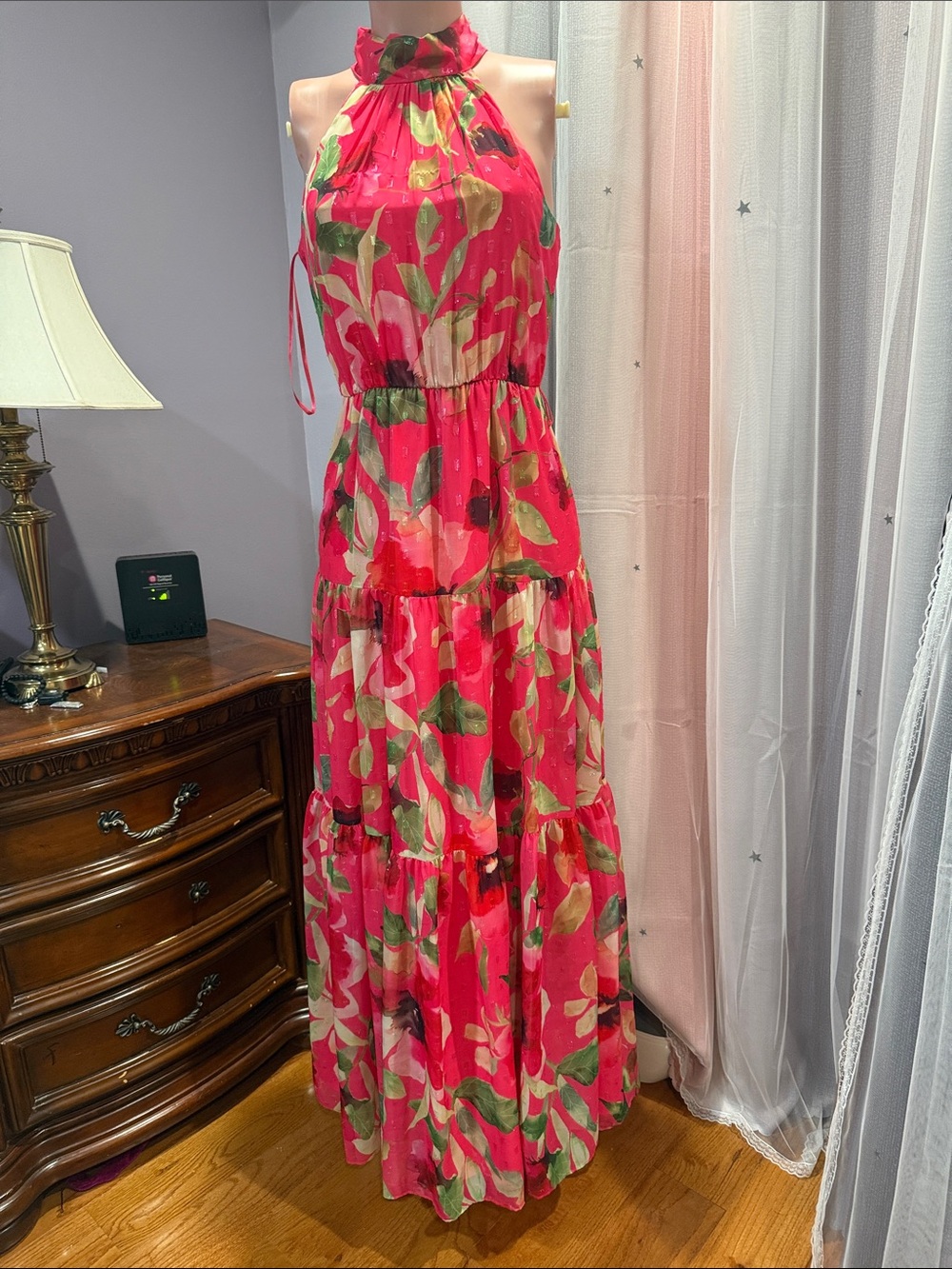 Eliza J Pink Floral Halter Tiered Maxi Dress